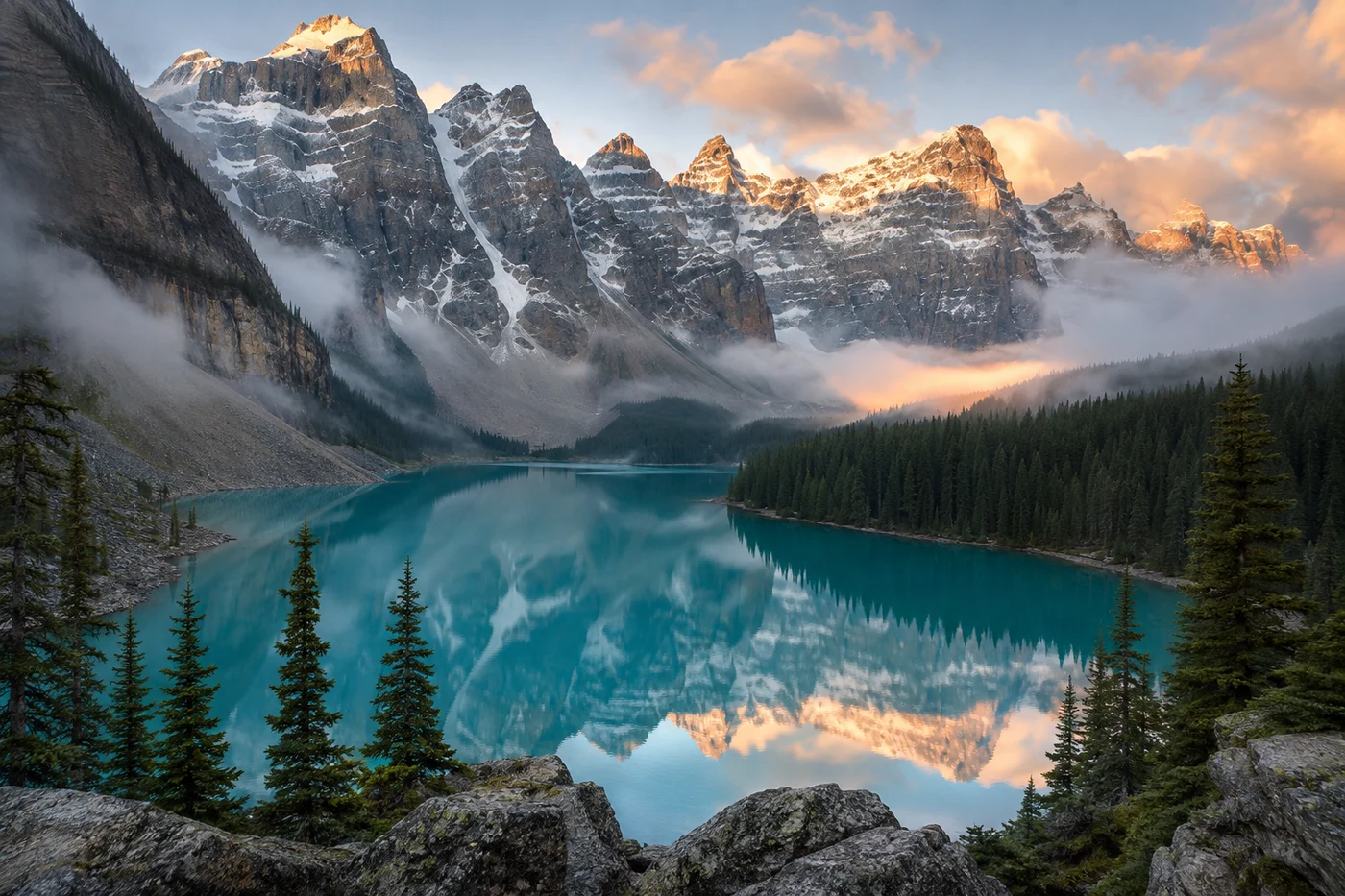 Alpine peaks reflected in a turquoise lake